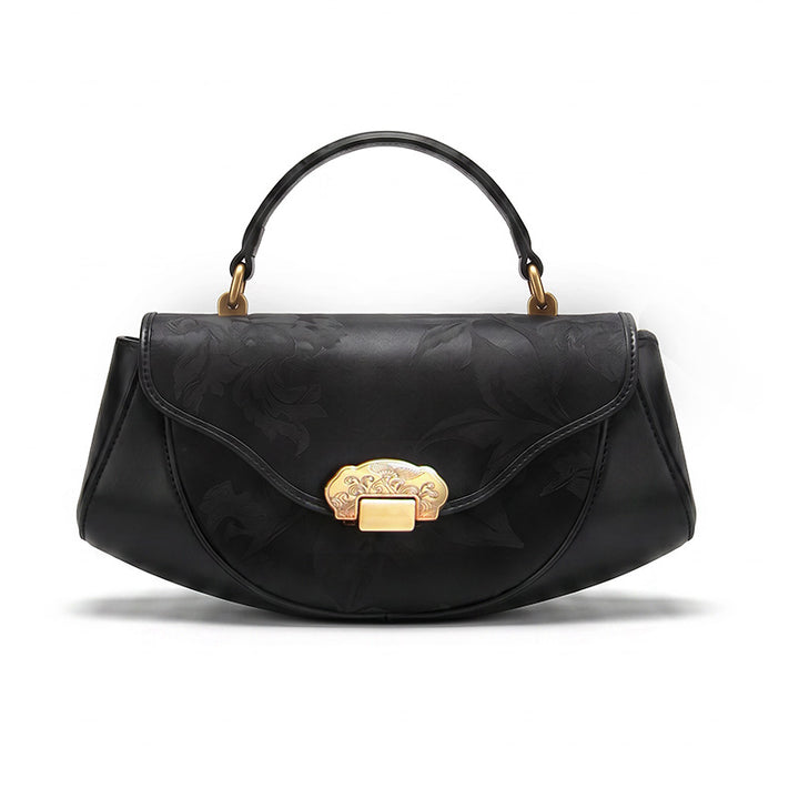 Black Mulberry Silk Saddle Bag with Gold Cloud Motif Clasp