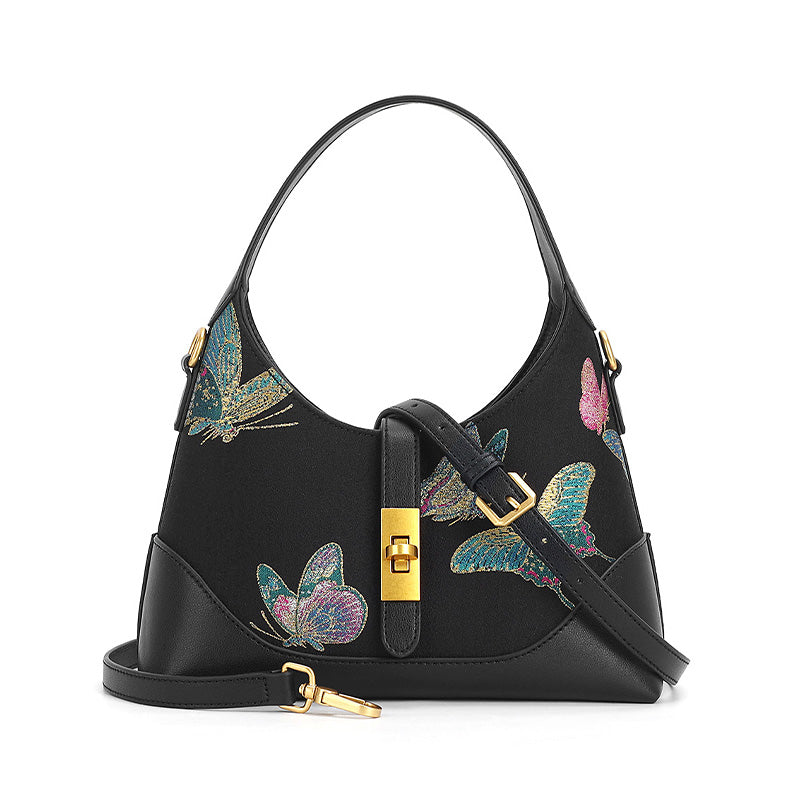 Black cowhide handbag with Song Brocade butterfly motif and shell inlay