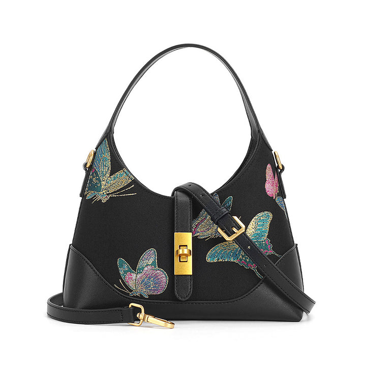 Black cowhide handbag with Song Brocade butterfly motif and shell inlay