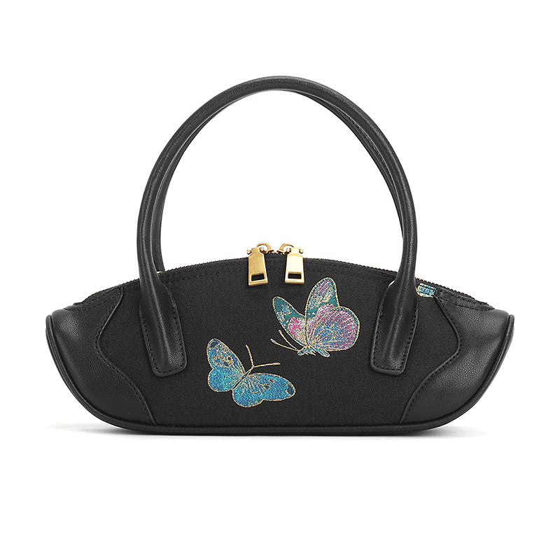 Black cowhide leather mini top handle bag with Song Brocade butterfly motif and shell inlay