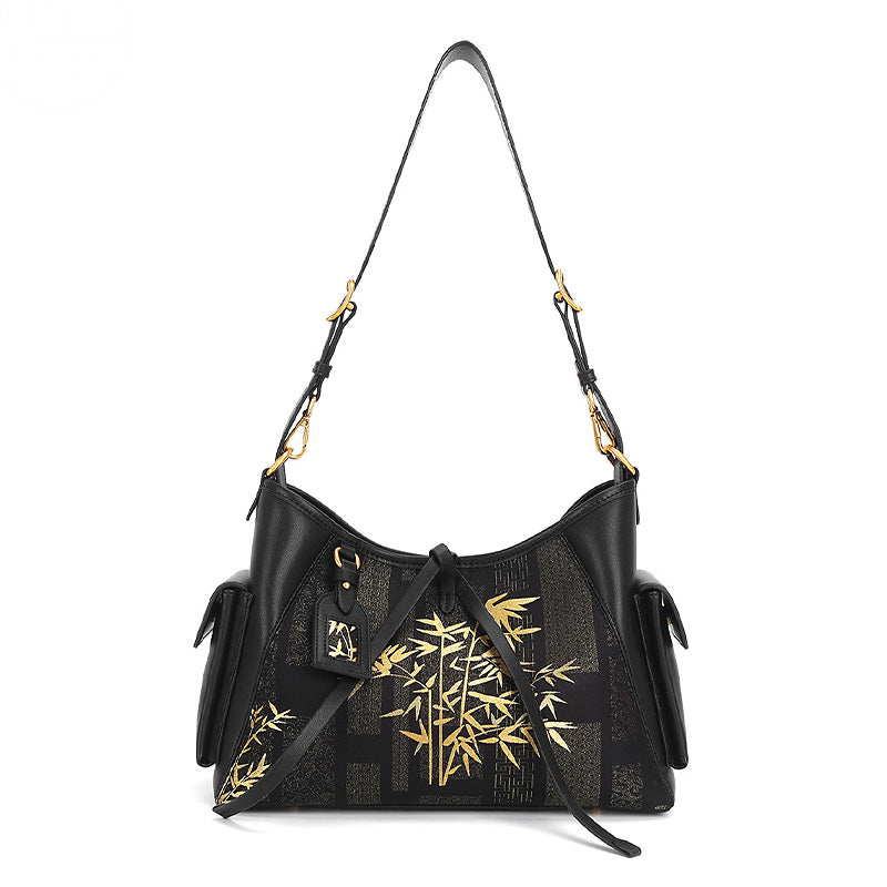 Black cowhide leather shoulder bag with Song Brocade gold bamboo and cloud motif