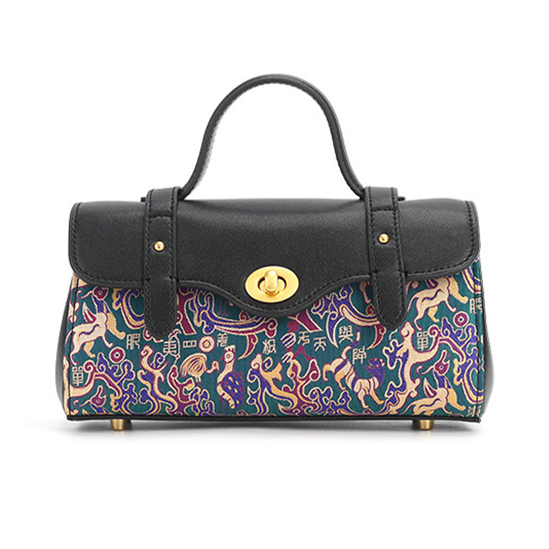 Black leather satchel handbag with Wuxingchudongfang brocade silk chinese pattern
