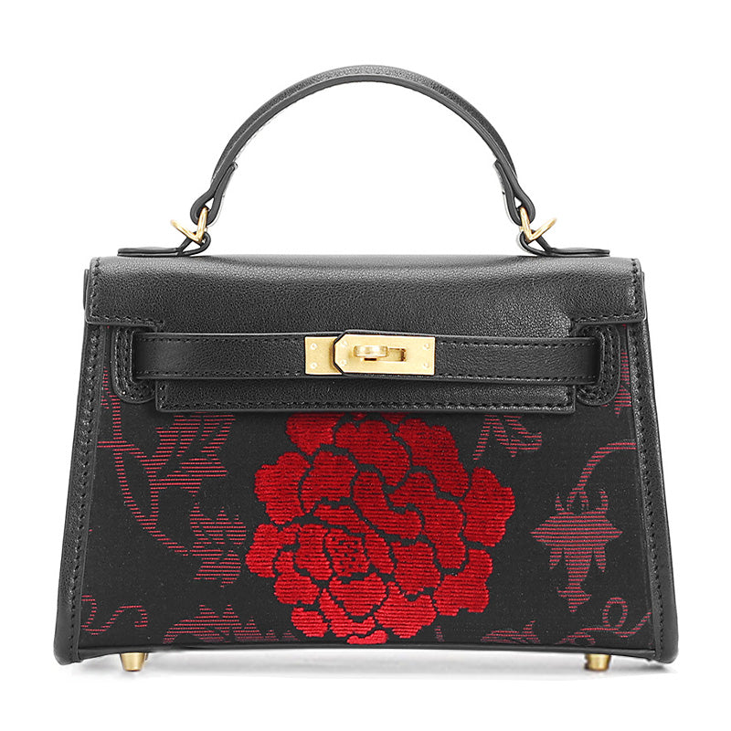 Black cowhide leather crossbody bag with Zhang Velvet red peony motif and gold twist-lock