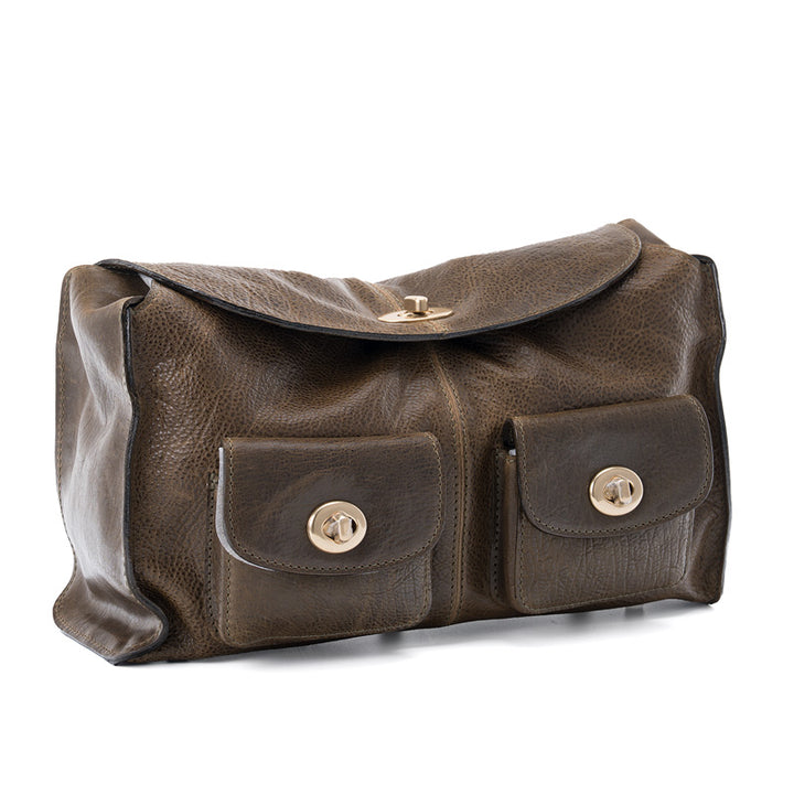 Olive brown horsehide leather cargo baguette bag with gold twist-lock front pockets, front view