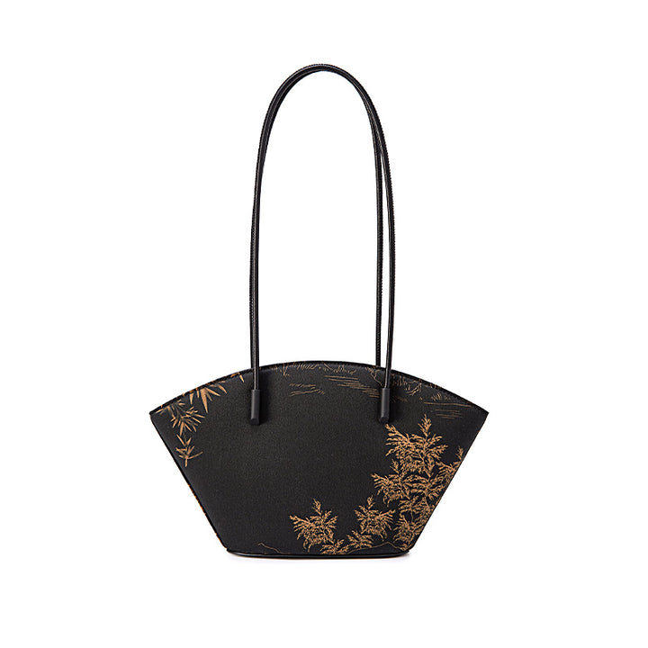 Black Floral Xiangyunsha Silk Tote Bag with Gold Accents