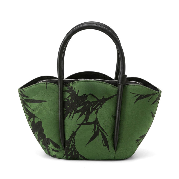 Green mulberry silk mini tote bag with bamboo silhouette pattern and leather top handles