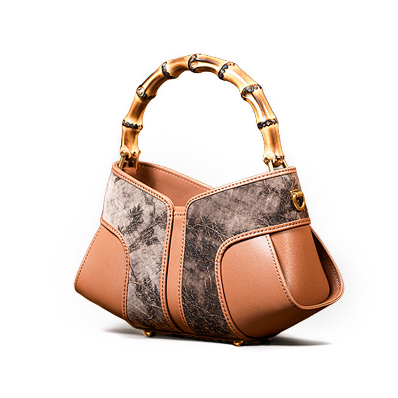Coffee Silk Brocade Bag with Bamboo Handle and Botanical Pattern