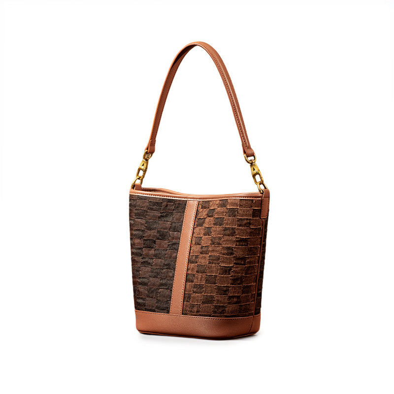 Coffee Mulberry Silk Bucket Bag with Woven Style Plaid Pattern