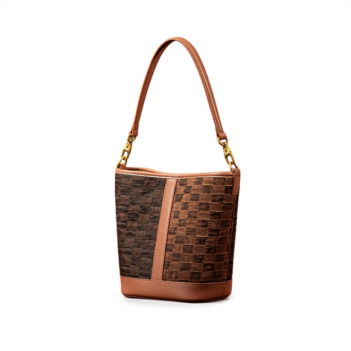 Coffee Mulberry Silk Bucket Bag with Woven Style Plaid Pattern