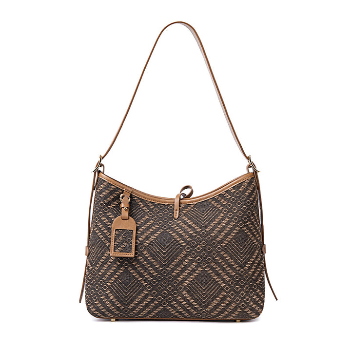 Coffee Mulberry Silk and Leather Hobo Bag with Xiangyunsha Pattern