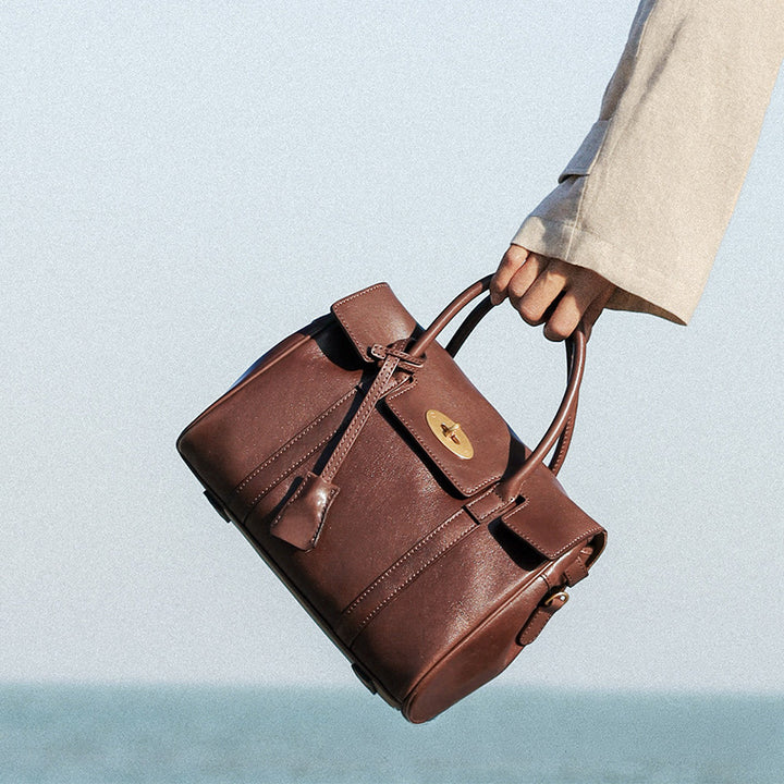 Coffee vegetable tanned leather satchel bag with top handle and detachable crossbody strap