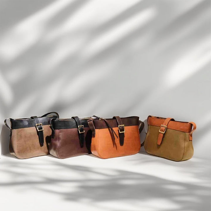 Handcrafted color block leather crossbody bag — vegetable tanned shoulder bag for women