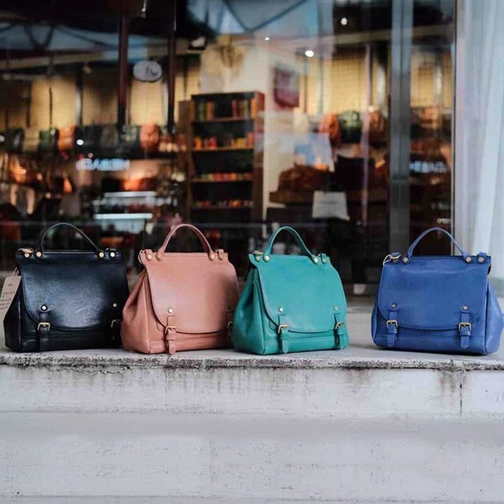 Convertible leather satchel bag in black, pink, green and blue — d1135b