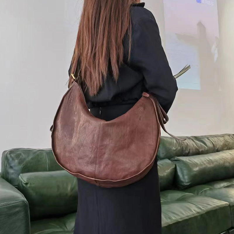 Vegetable Tanned Leather Crescent Hobo Bag Slouchy Shoulder Bag for Women