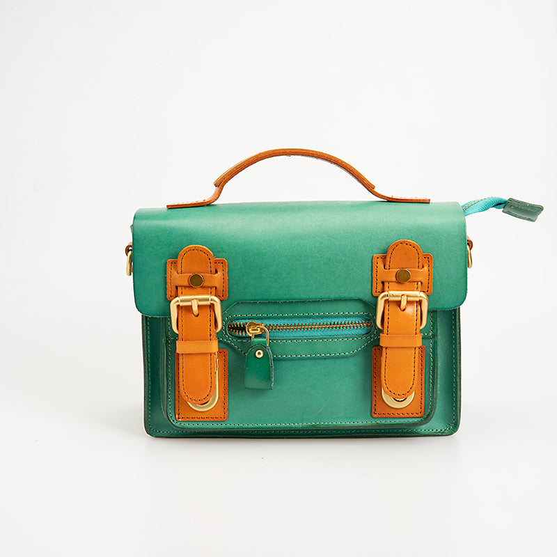 Leather Satchel Bag for Women Handcrafted Cambridge Style Crossbody with Contrast Trim