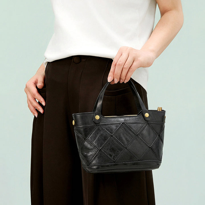 Mini Vegetable-Tanned Leather Handbag Woven Diamond Patchwork