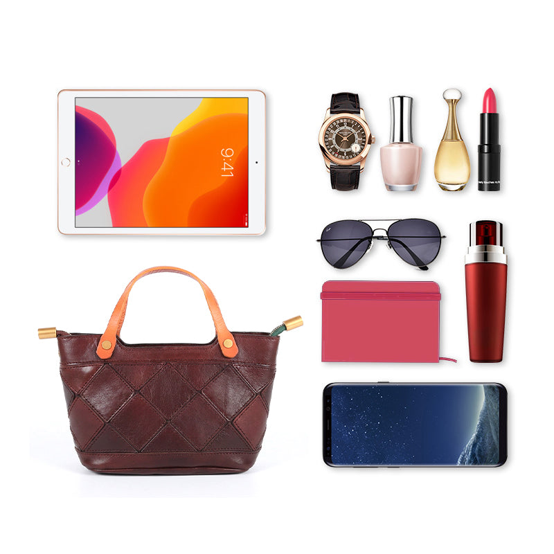 Mini Vegetable-Tanned Leather Handbag Woven Diamond Patchwork