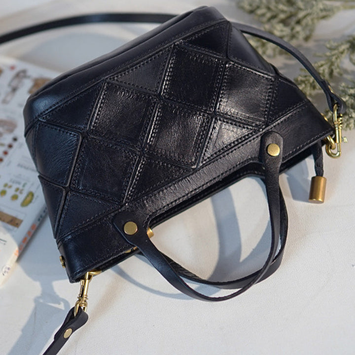 Mini Vegetable-Tanned Leather Handbag Woven Diamond Patchwork