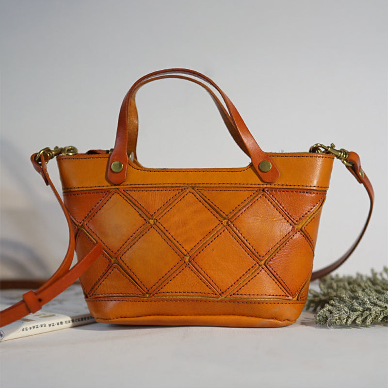Mini Vegetable-Tanned Leather Handbag Woven Diamond Patchwork