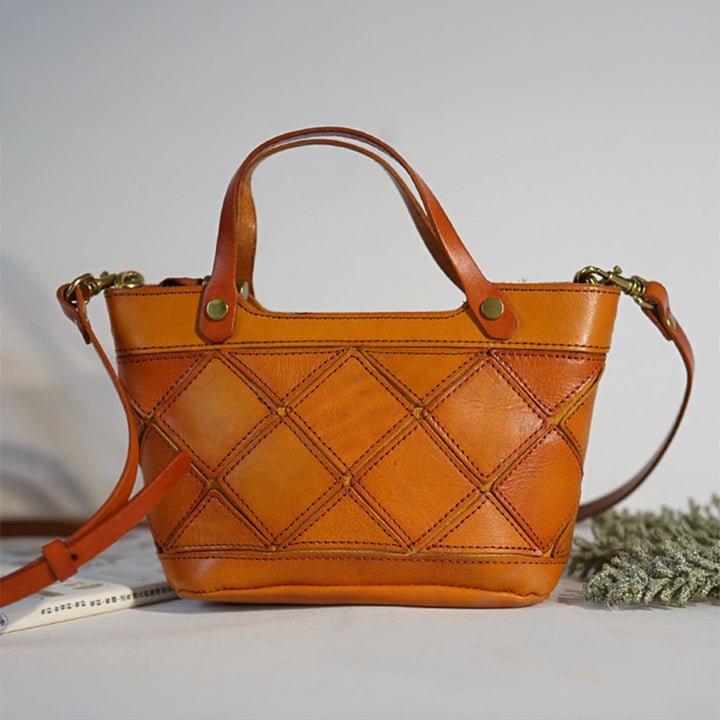 Mini Vegetable-Tanned Leather Handbag Woven Diamond Patchwork