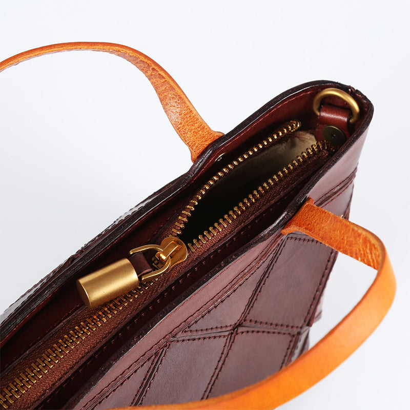 Mini Vegetable-Tanned Leather Handbag Woven Diamond Patchwork