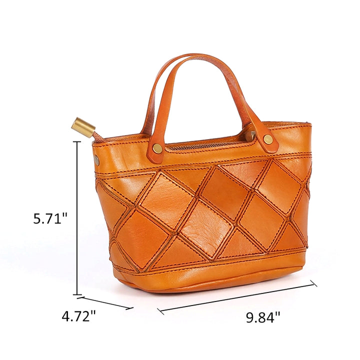 Mini Vegetable-Tanned Leather Handbag Woven Diamond Patchwork
