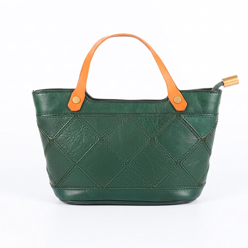 Mini Vegetable-Tanned Leather Handbag Woven Diamond Patchwork