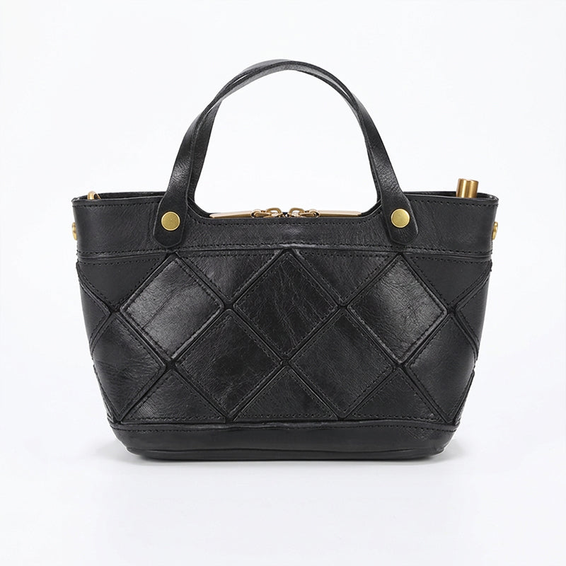 Mini Vegetable-Tanned Leather Handbag Woven Diamond Patchwork