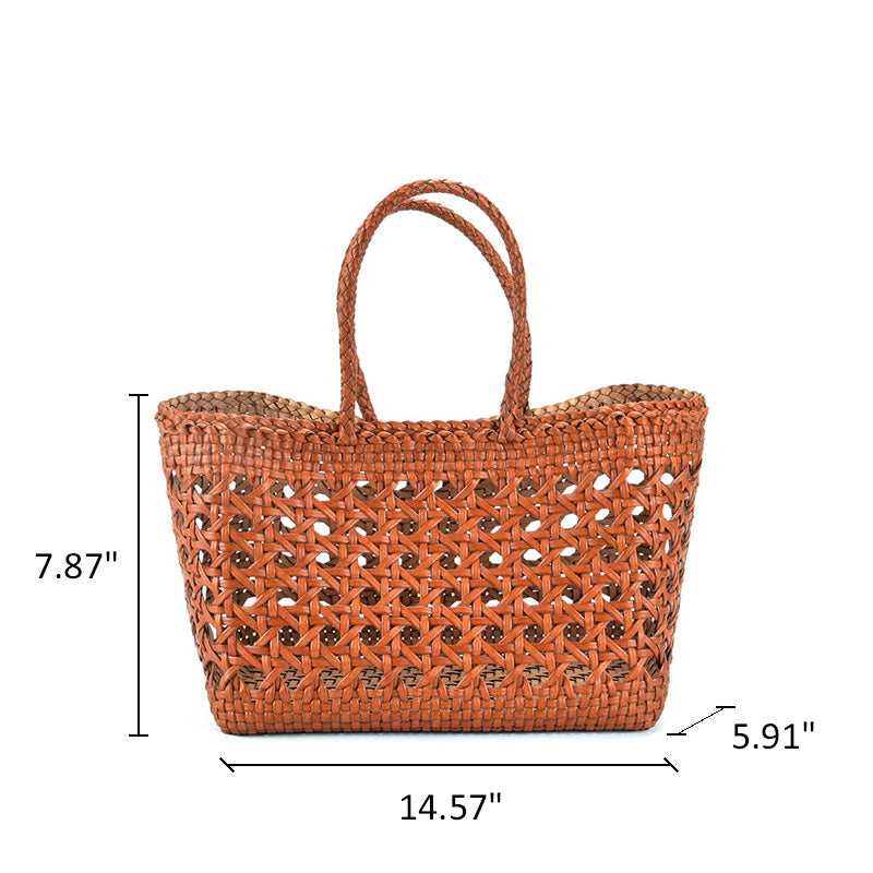 Woven Leather Basket Tote Bag for Women Hollow Out Handmade Leather Handbag