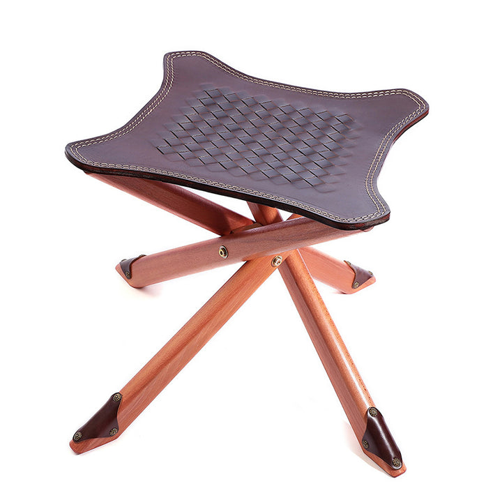 Cowhide Folding Stool - Vintage Portable Weave Leather Camping Chair Outdoor Fishing Seat
