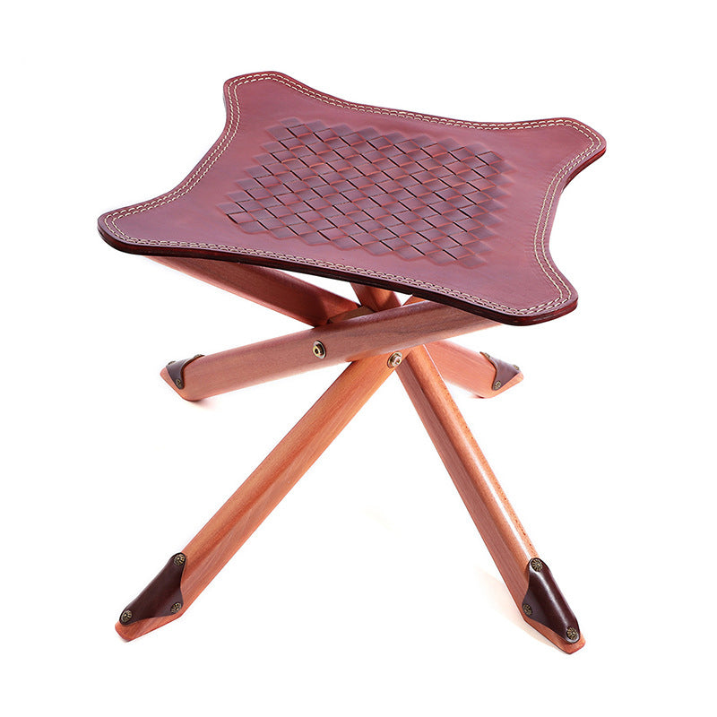 Cowhide Folding Stool - Vintage Portable Weave Leather Camping Chair Outdoor Fishing Seat
