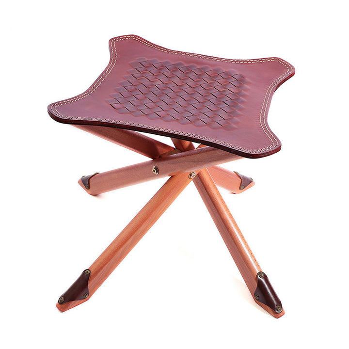 Cowhide Folding Stool - Vintage Portable Weave Leather Camping Chair Outdoor Fishing Seat