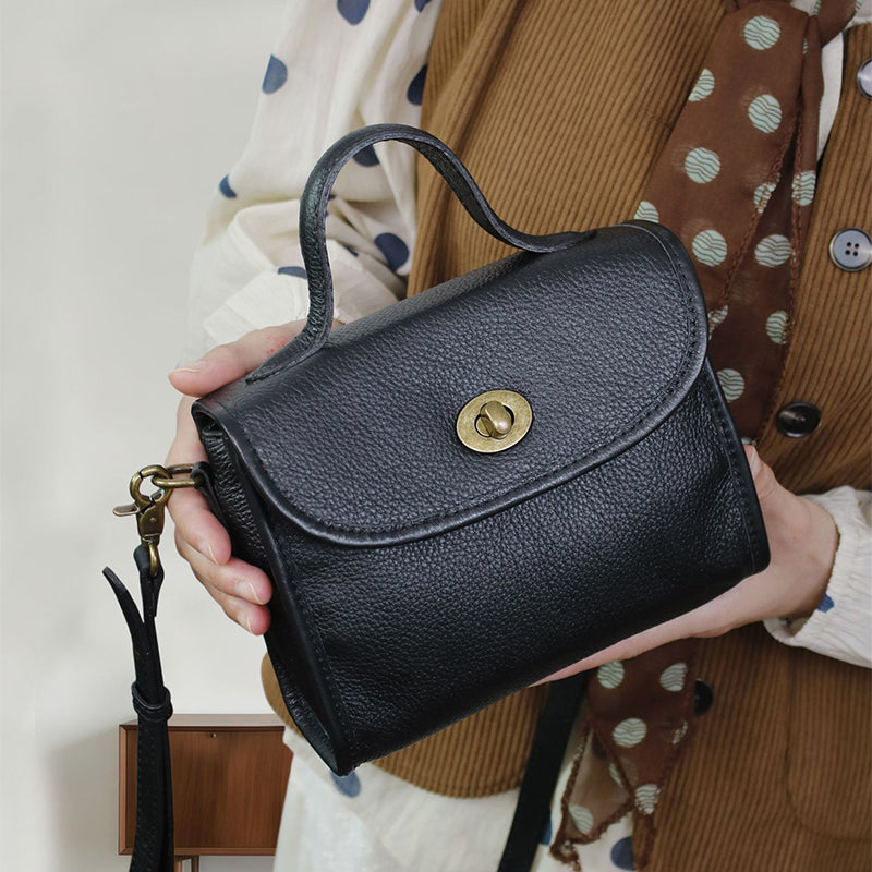 Vintage Vegetable-Tanned Leather Top-Handle Crossbody Mini Satchel Bag