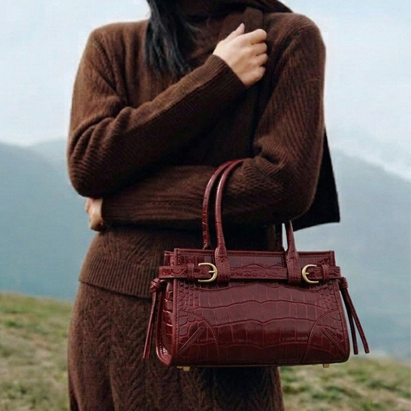 Leather Satchel Bag with Croc Embossing &amp; Detachable Shoulder Strap