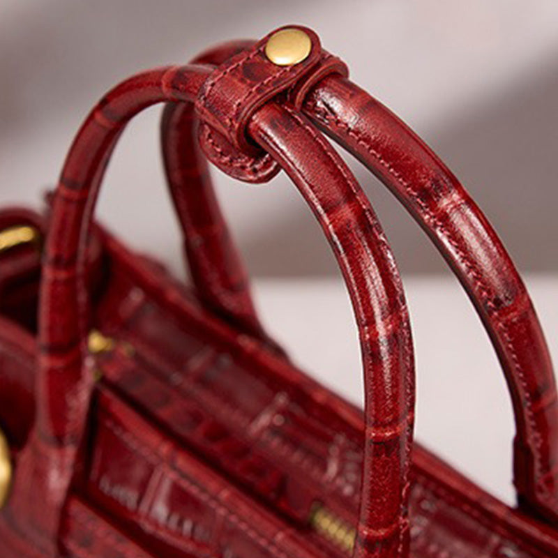 Leather Satchel Bag with Croc Embossing &amp; Detachable Shoulder Strap