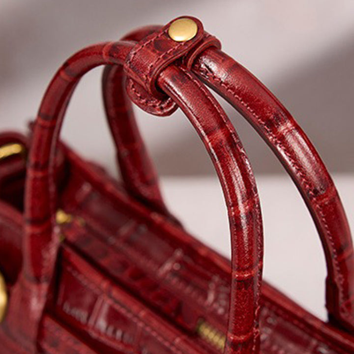 Leather Satchel Bag with Croc Embossing &amp; Detachable Shoulder Strap