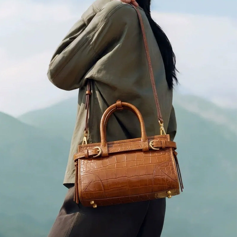 Leather Satchel Bag with Croc Embossing &amp; Detachable Shoulder Strap