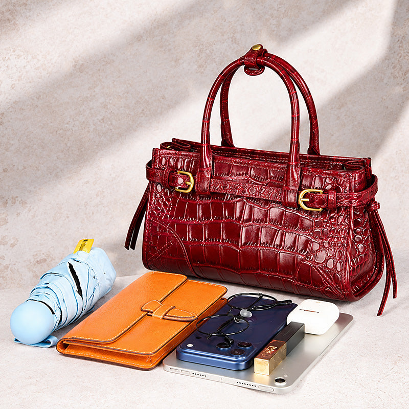 Leather Satchel Bag with Croc Embossing &amp; Detachable Shoulder Strap