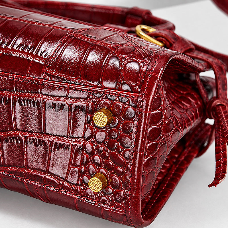 Leather Satchel Bag with Croc Embossing &amp; Detachable Shoulder Strap