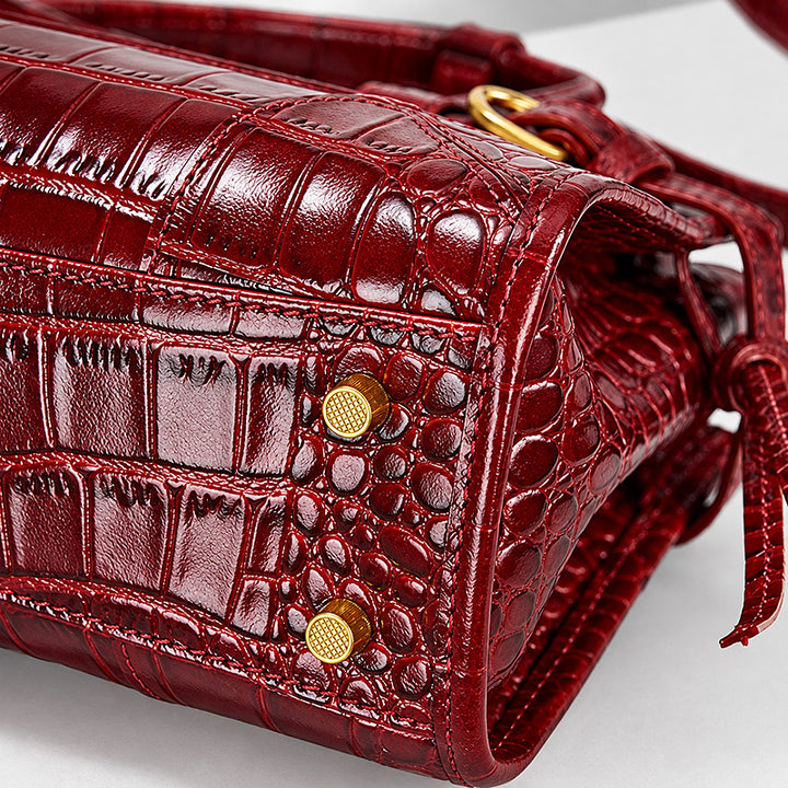 Leather Satchel Bag with Croc Embossing &amp; Detachable Shoulder Strap