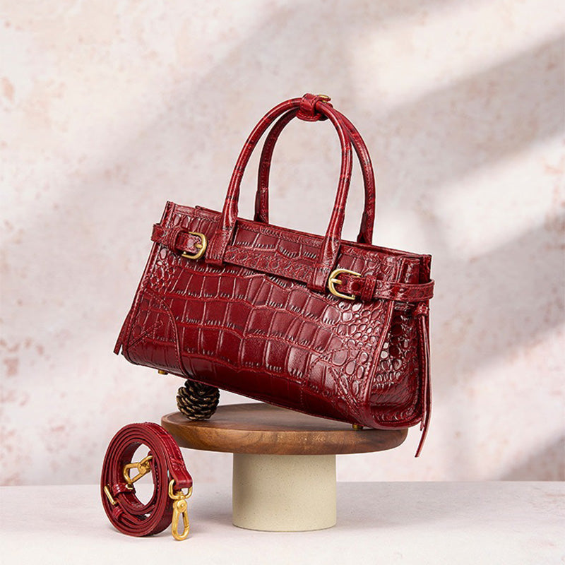 Leather Satchel Bag with Croc Embossing &amp; Detachable Shoulder Strap