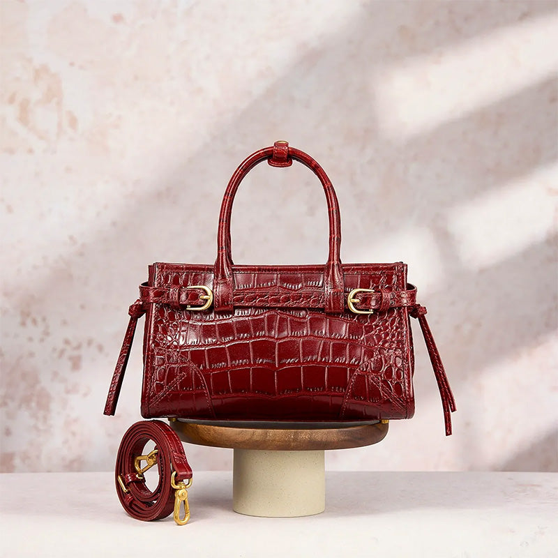 Leather Satchel Bag with Croc Embossing &amp; Detachable Shoulder Strap