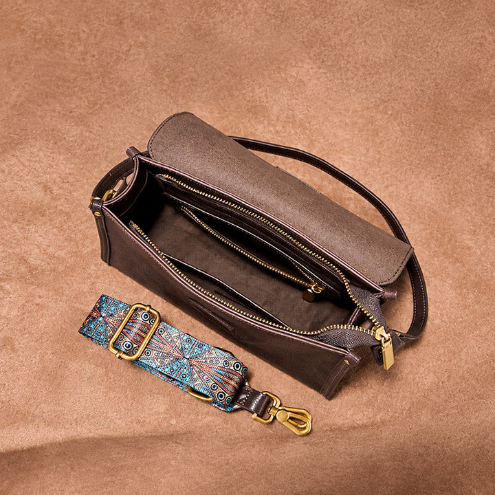 Vegetable Tanned Leather Flap Crossbody Bag with Dual Straps