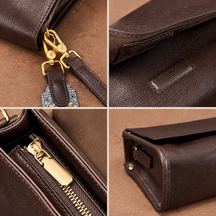 Vegetable Tanned Leather Flap Crossbody Bag with Dual Straps