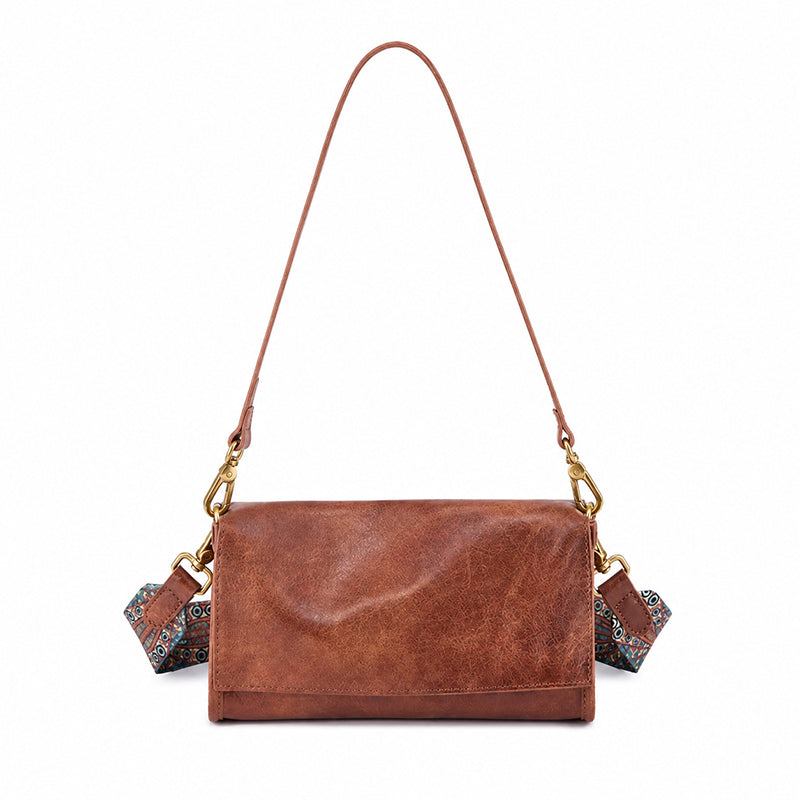 Vegetable Tanned Leather Flap Crossbody Bag with Dual Straps