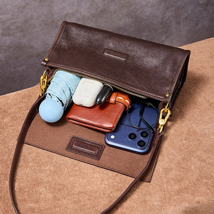 Vegetable Tanned Leather Flap Crossbody Bag with Dual Straps