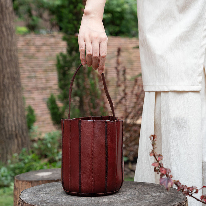 Vegetable Tanned Leather Bucket Bag for Women Vertical Panel Crossbody Shoulder Bag