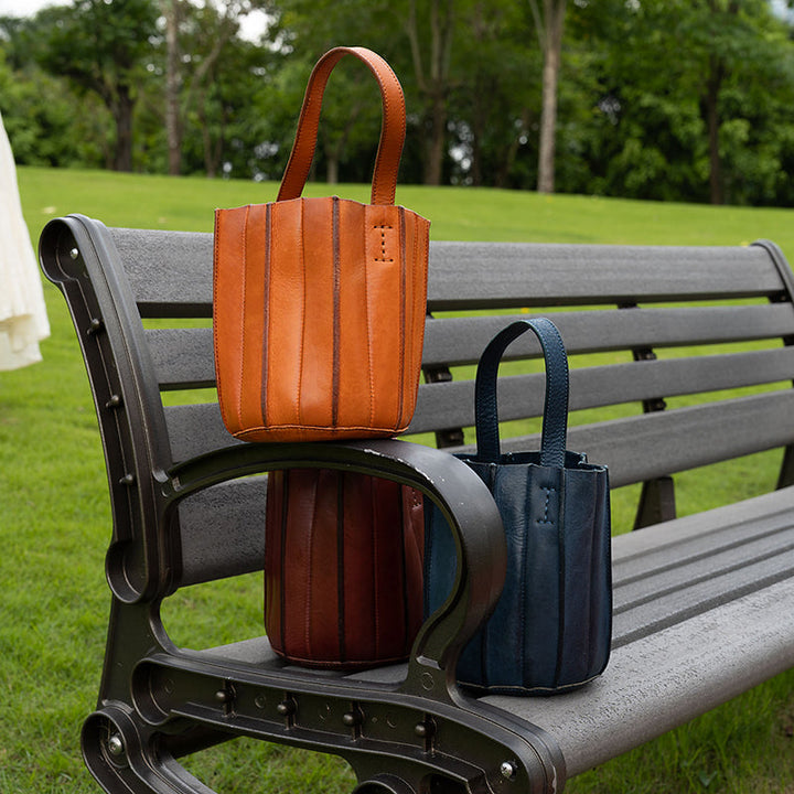 Vegetable Tanned Leather Bucket Bag for Women Vertical Panel Crossbody Shoulder Bag