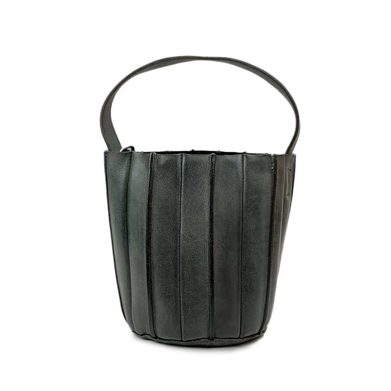 Vegetable Tanned Leather Bucket Bag for Women Vertical Panel Crossbody Shoulder Bag