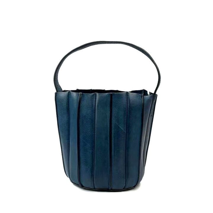 Vegetable Tanned Leather Bucket Bag for Women Vertical Panel Crossbody Shoulder Bag